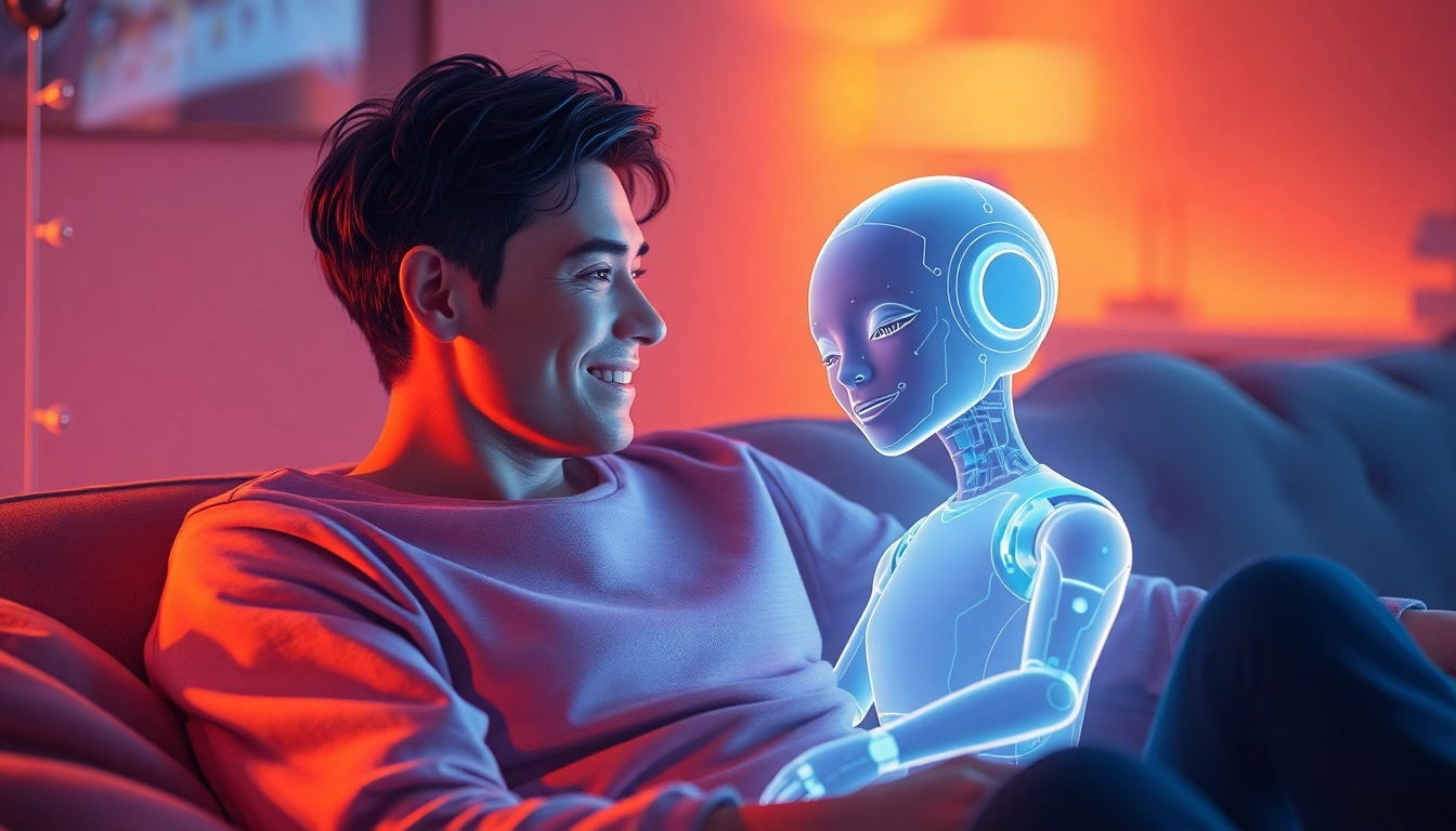 A human and a glowing holographic AI character sharing an intimate moment in a cozy, futuristic room.