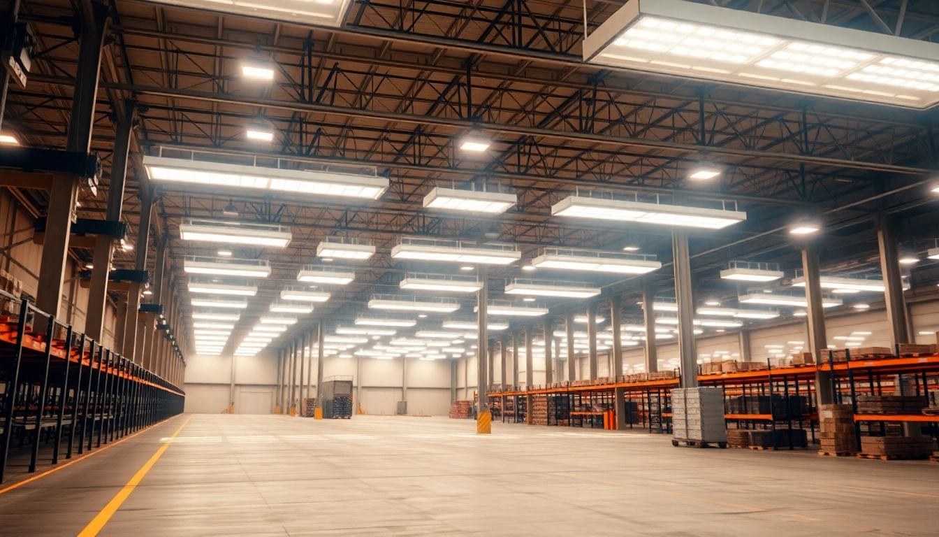 Moderne LED-Beleuchtung in einer großen Industriehalle, die den Raum gleichmäßig hell erleuchtet.
