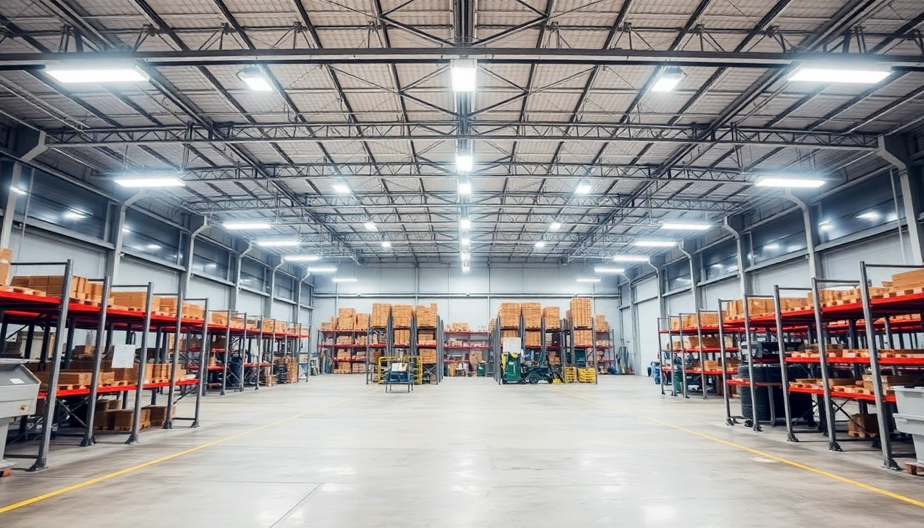 Moderne LED-Hallenbeleuchtung in einer Industriehalle mit hoher Decke und Lagerregalen.