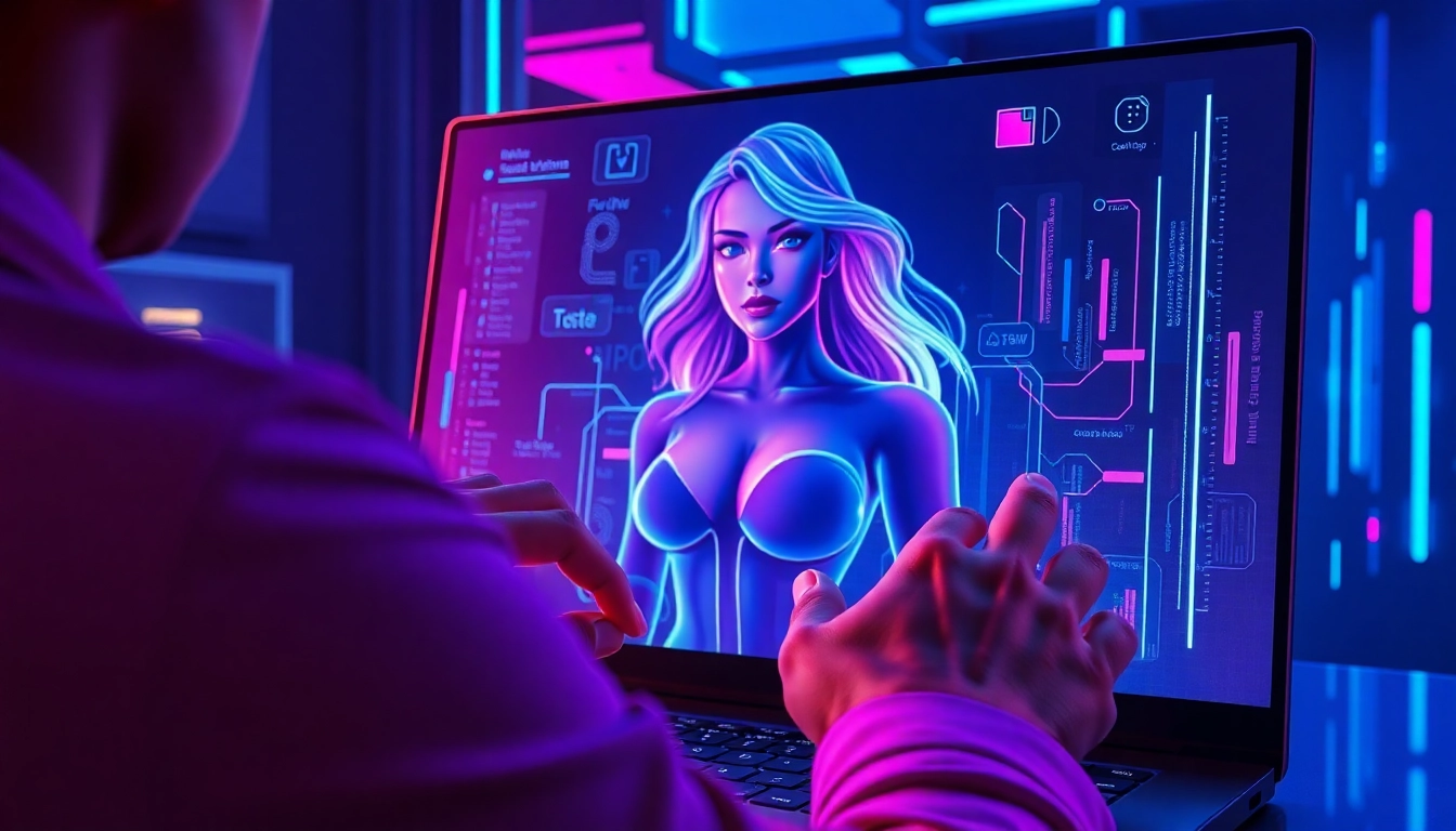 An AI interface with a holographic female character in a high-tech, neon-lit environment, emphasizing digital intimacy and futuristic interaction.