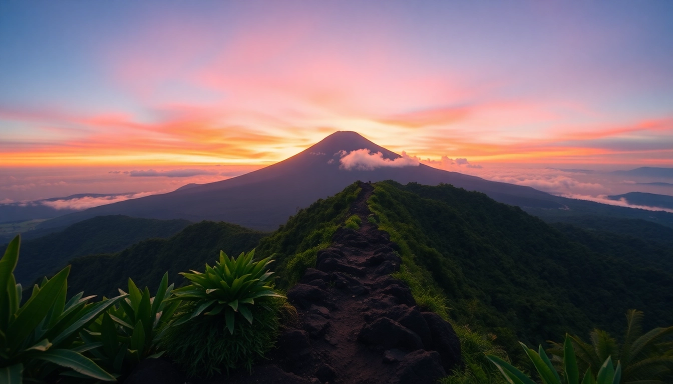 Sunrise view of Mount Rinjani with lush greenery and volcanic terrain