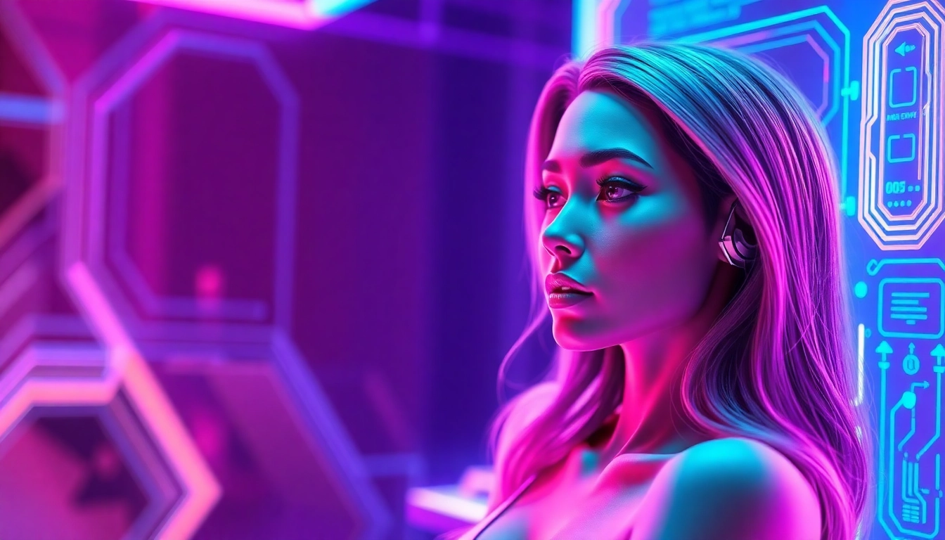Futuristic AI chat interface with an expressive virtual avatar in a neon-lit digital environment.