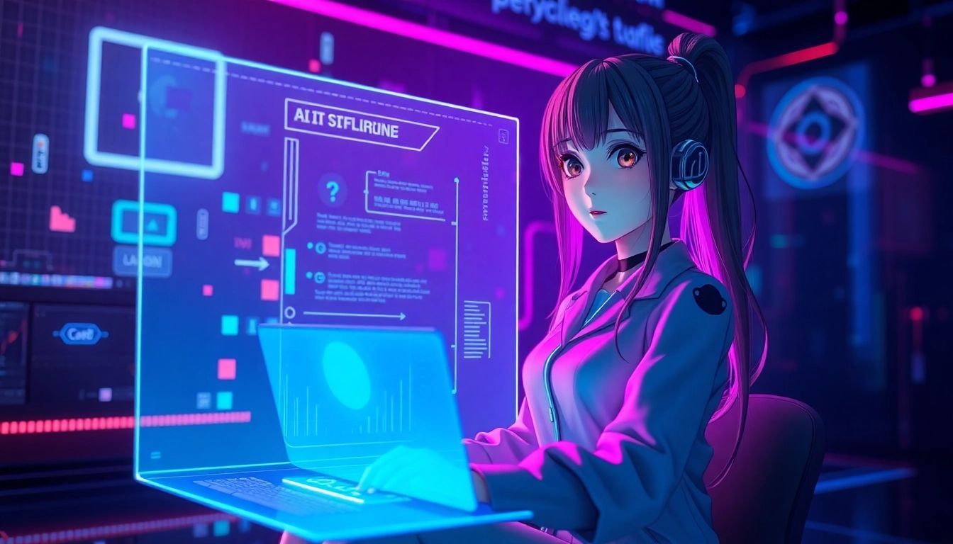 Futuristic AI girlfriend interface with a hyper-realistic anime avatar in a neon-lit digital environment.