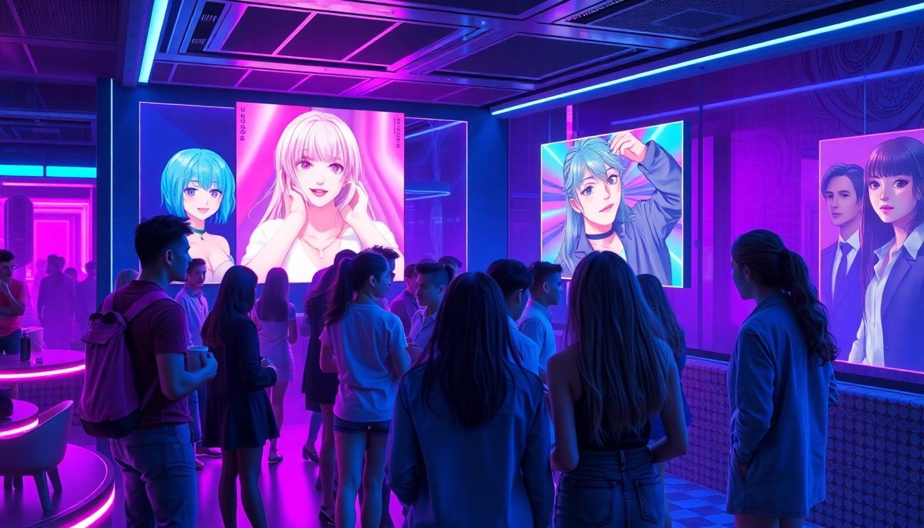 Futuristic scene of users engaging with AI sexting apps in a high-tech lounge with neon lighting and holographic visuals.