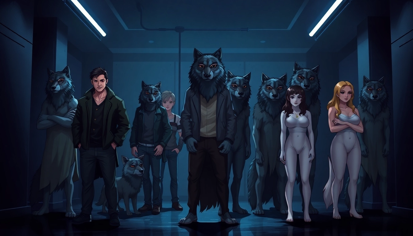 Illustration of human-like figures representing alpha, beta, and omega roles in a wolf pack hierarchy, set in a dark, modern environment.