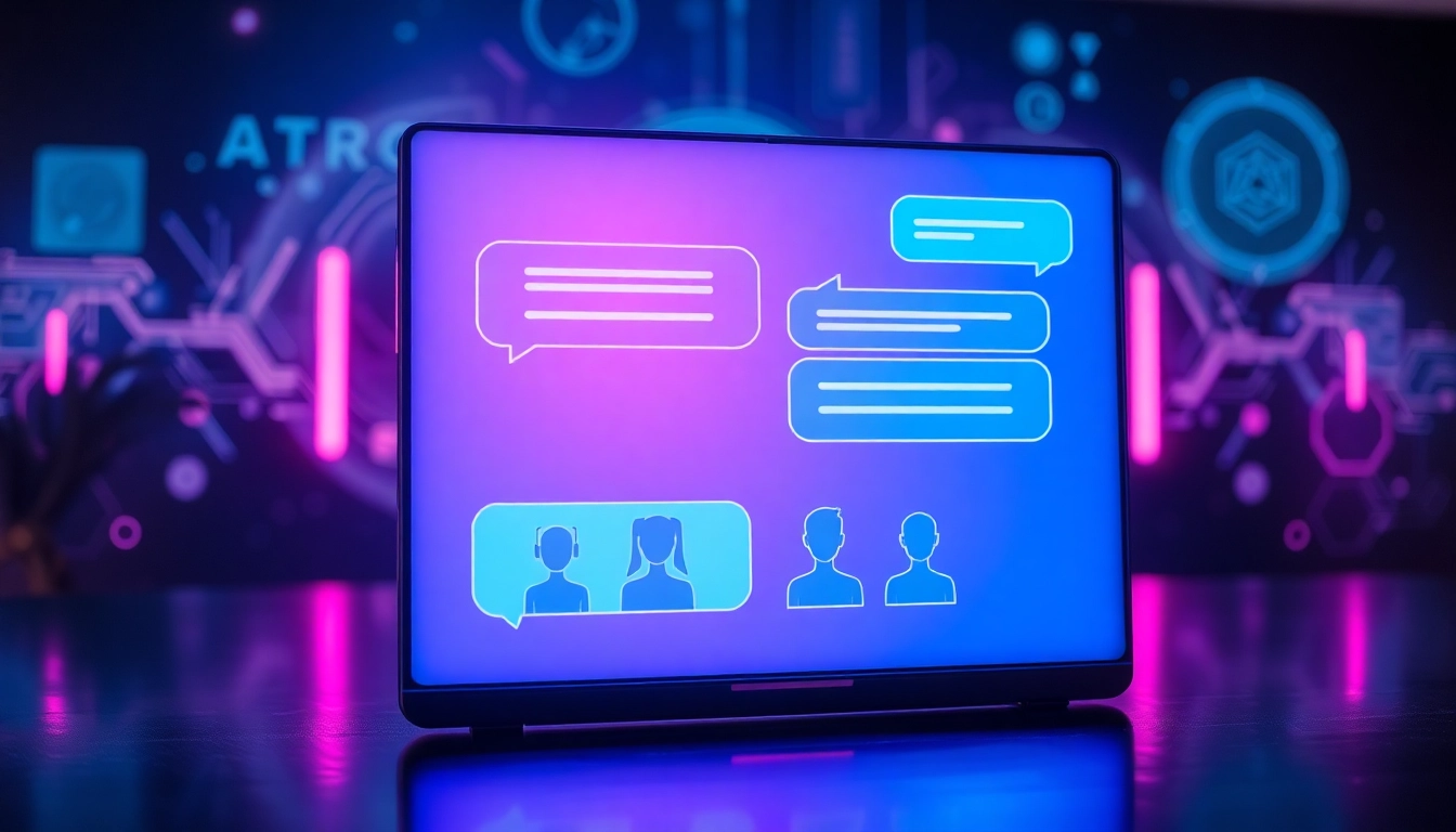 Futuristic chat interface with glowing text bubbles and holographic background, showcasing advanced AI conversation technology.
