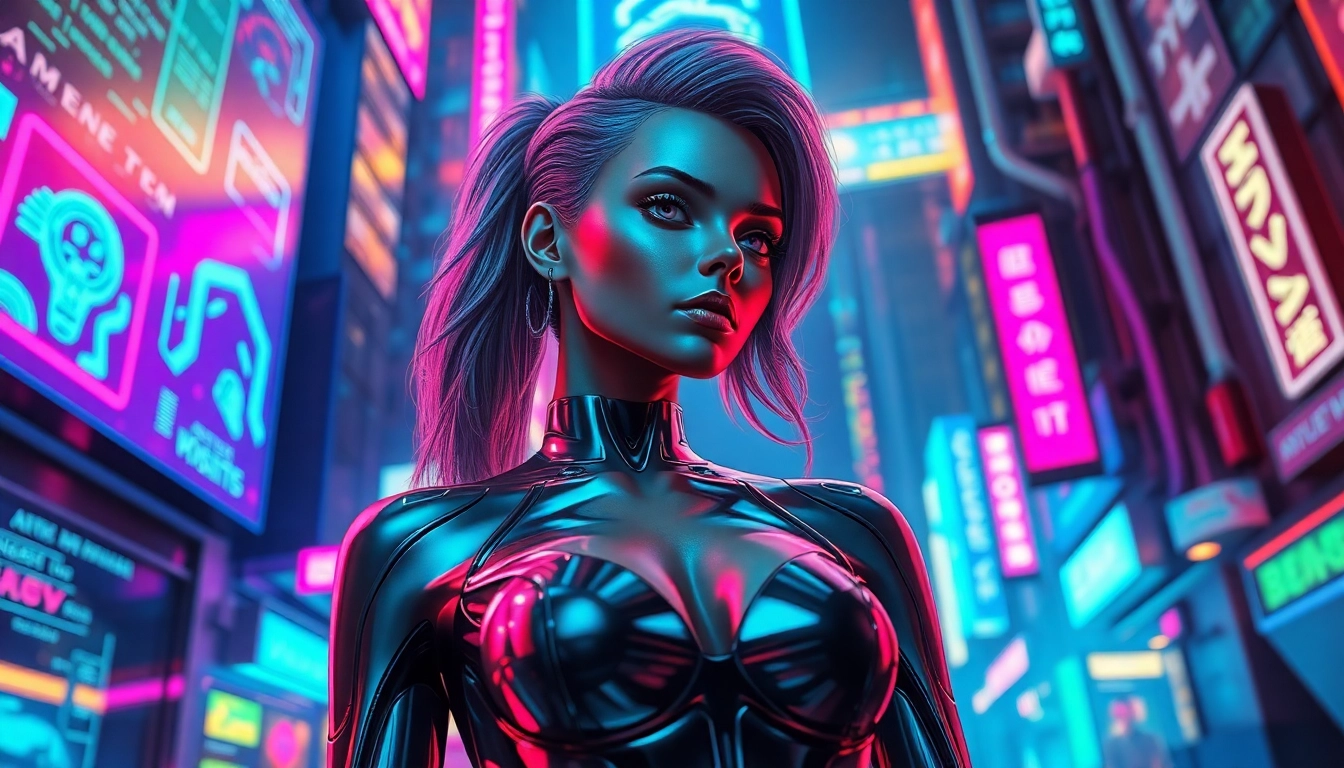 Futuristic AI character in a neon-lit cyberpunk city at night with holographic interfaces and glowing details.