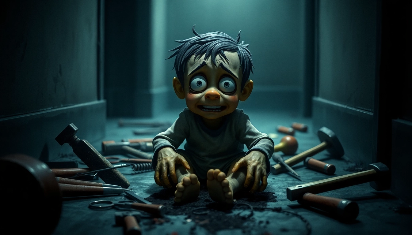 A distressed Harvey sitting on the floor amid violent tools, showing fear and pain in a dark, moody setting.