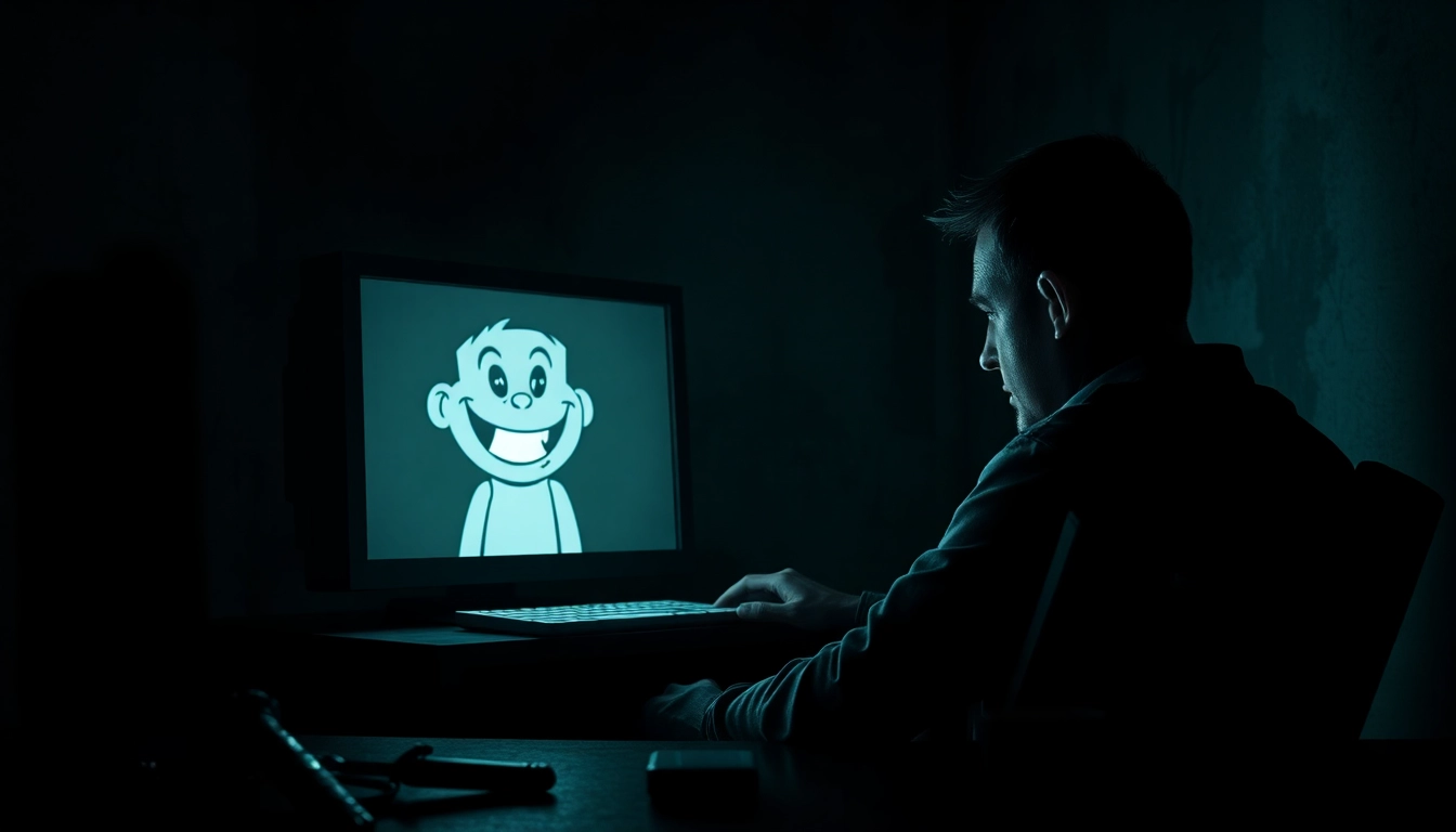 A distressed man playing a psychological horror game with a computer screen showing Harvey suffering, with unsettling tools and dark textures creating a tense atmosphere.