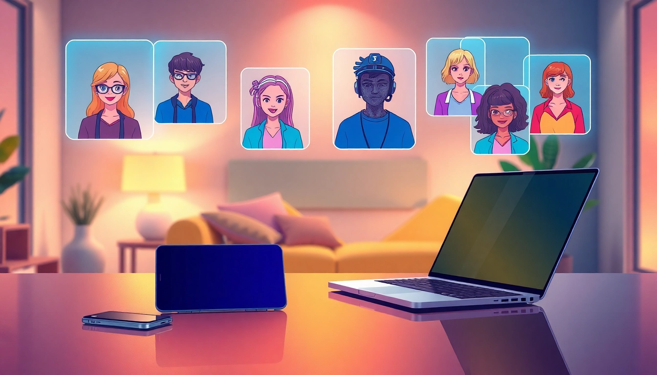 Futuristic scene of AI characters interacting through holographic chat interfaces on modern devices in a cozy room.