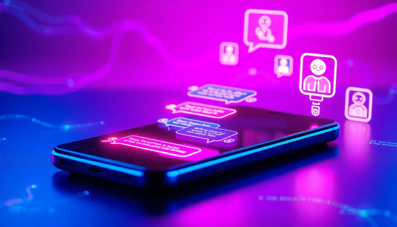 Smartphone displaying a vibrant AI chat conversation with colorful text bubbles and holographic data streams in a futuristic setting.