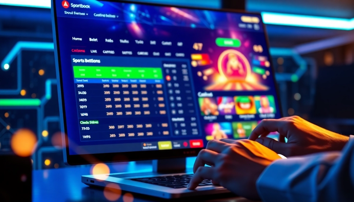 Digital sportsbook and casino platform displaying live betting odds and casino icons with vibrant neon lighting.