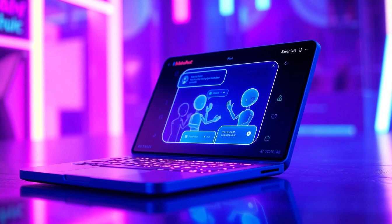 Futuristic AI chat interface with holographic characters in neon-lit environment