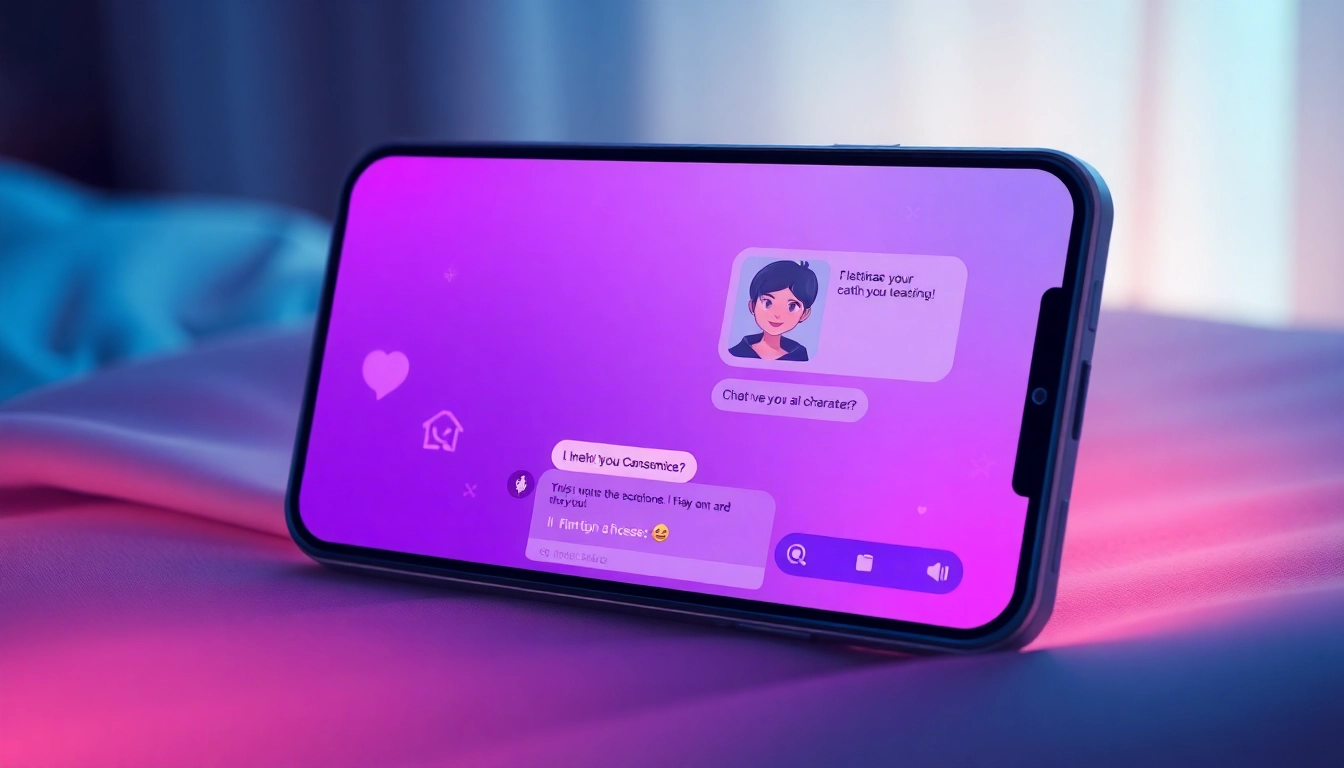 Illustration of a smartphone displaying a flirtatious AI chat conversation with warm lighting and a cozy environment.