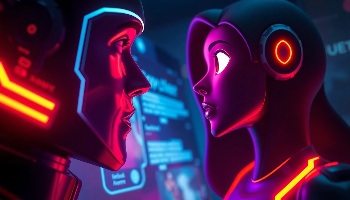 Engaging nsfw ai chatbot interface with a seductive AI character in a vibrant, cyberpunk-themed setting, showcasing realistic 3D visuals and immersive interaction.
