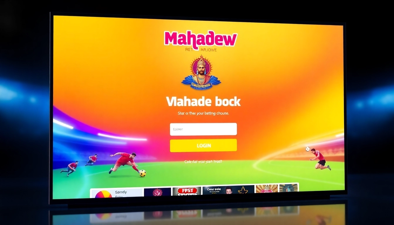 Secure Mahadev book login interface with vibrant sports betting dashboard and user account