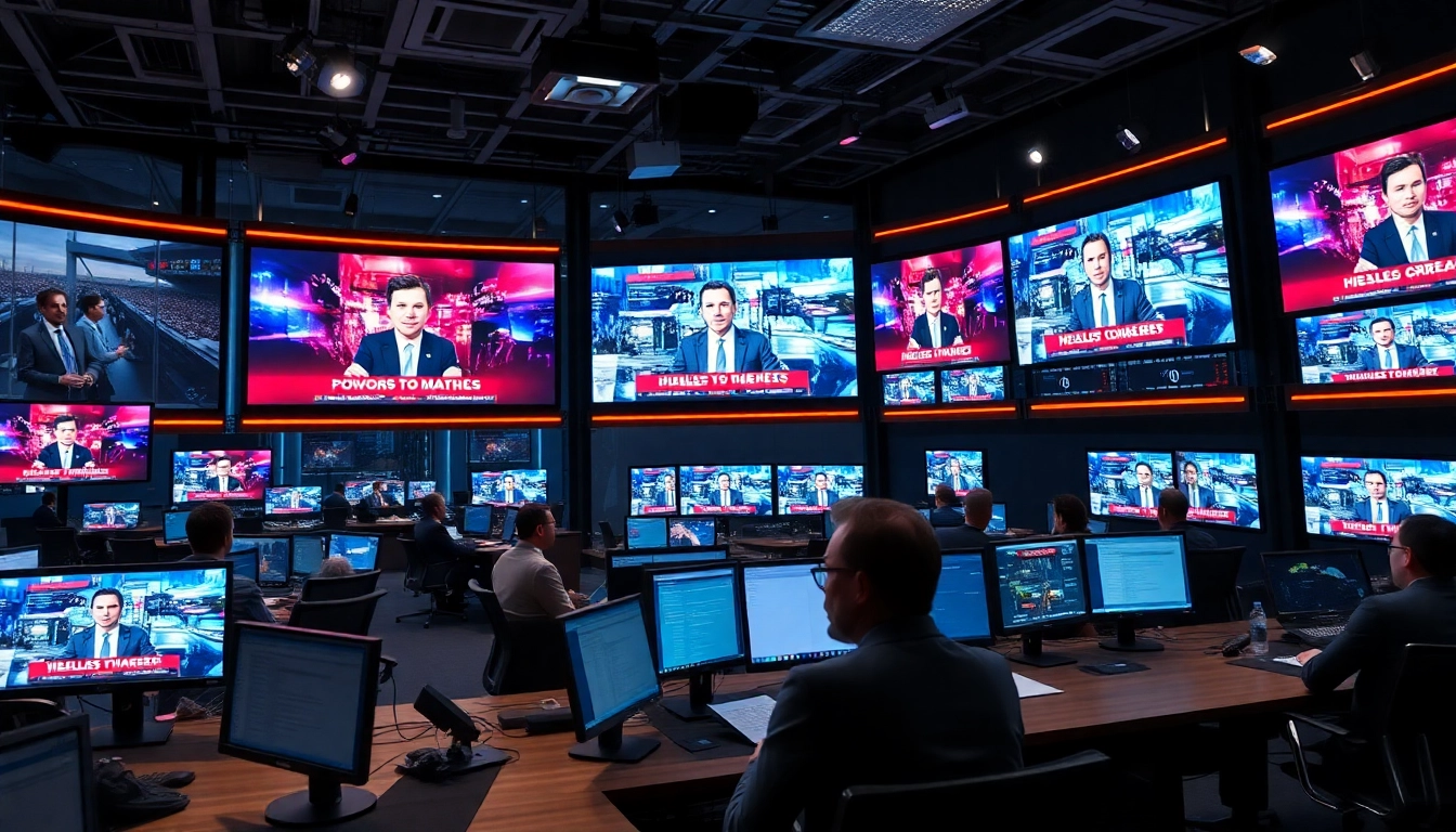 Breaking News coverage with reporters and digital screens displaying urgent headlines and live
