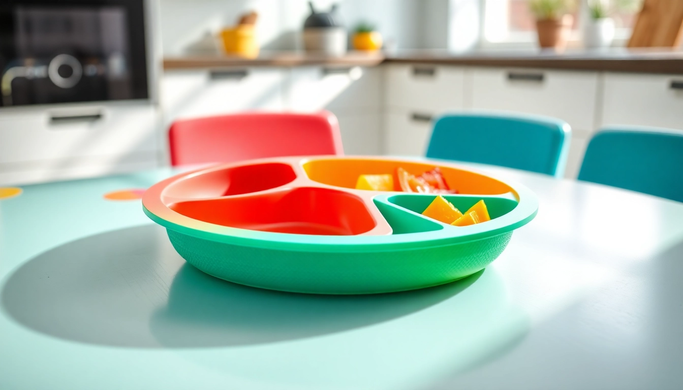 Child using silicone divided plate for self feeding with colorful sections and suction base,