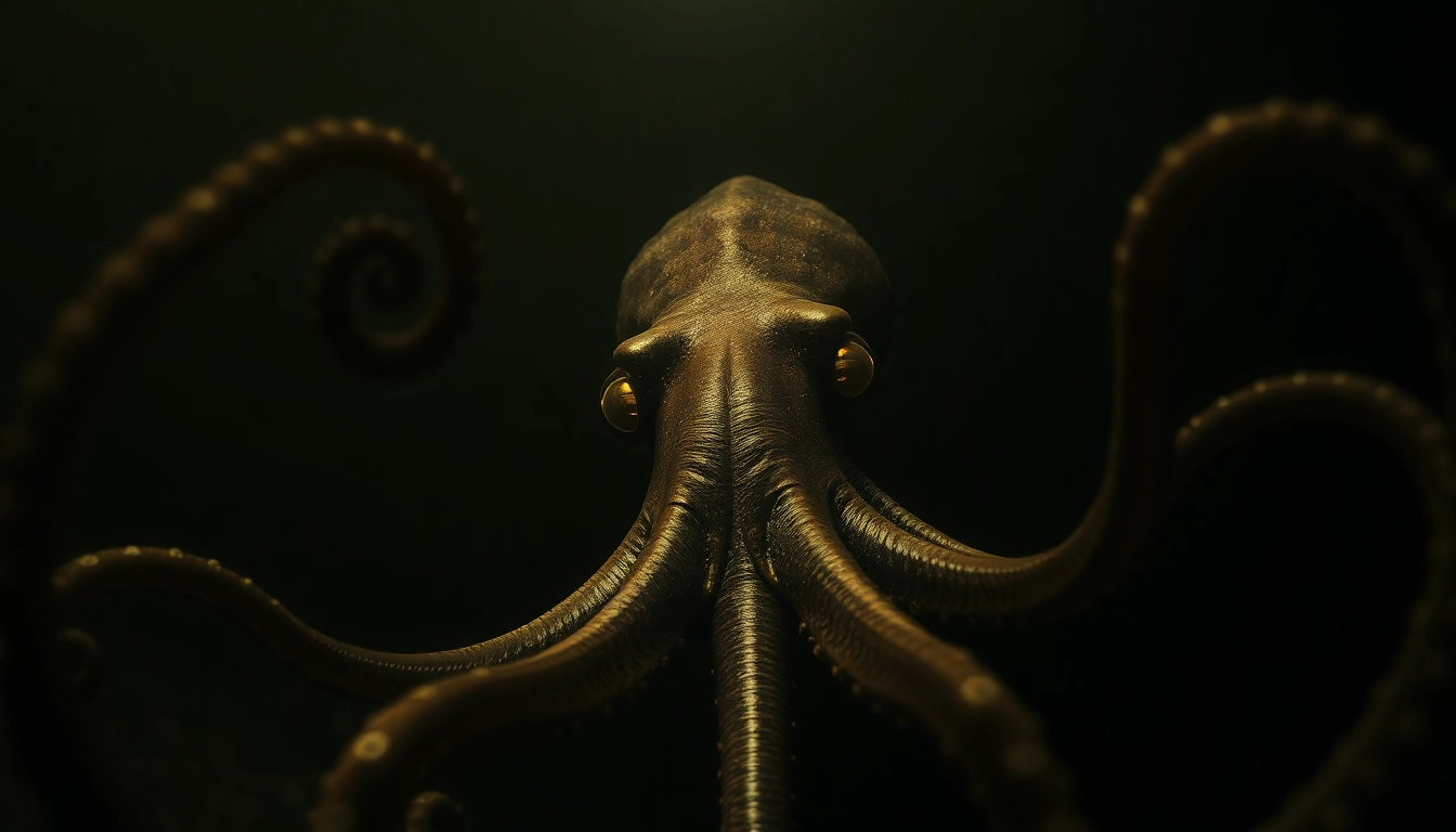 Ancient illustration of revealing a colossal squid with glowing eyes lurking in deep waters,