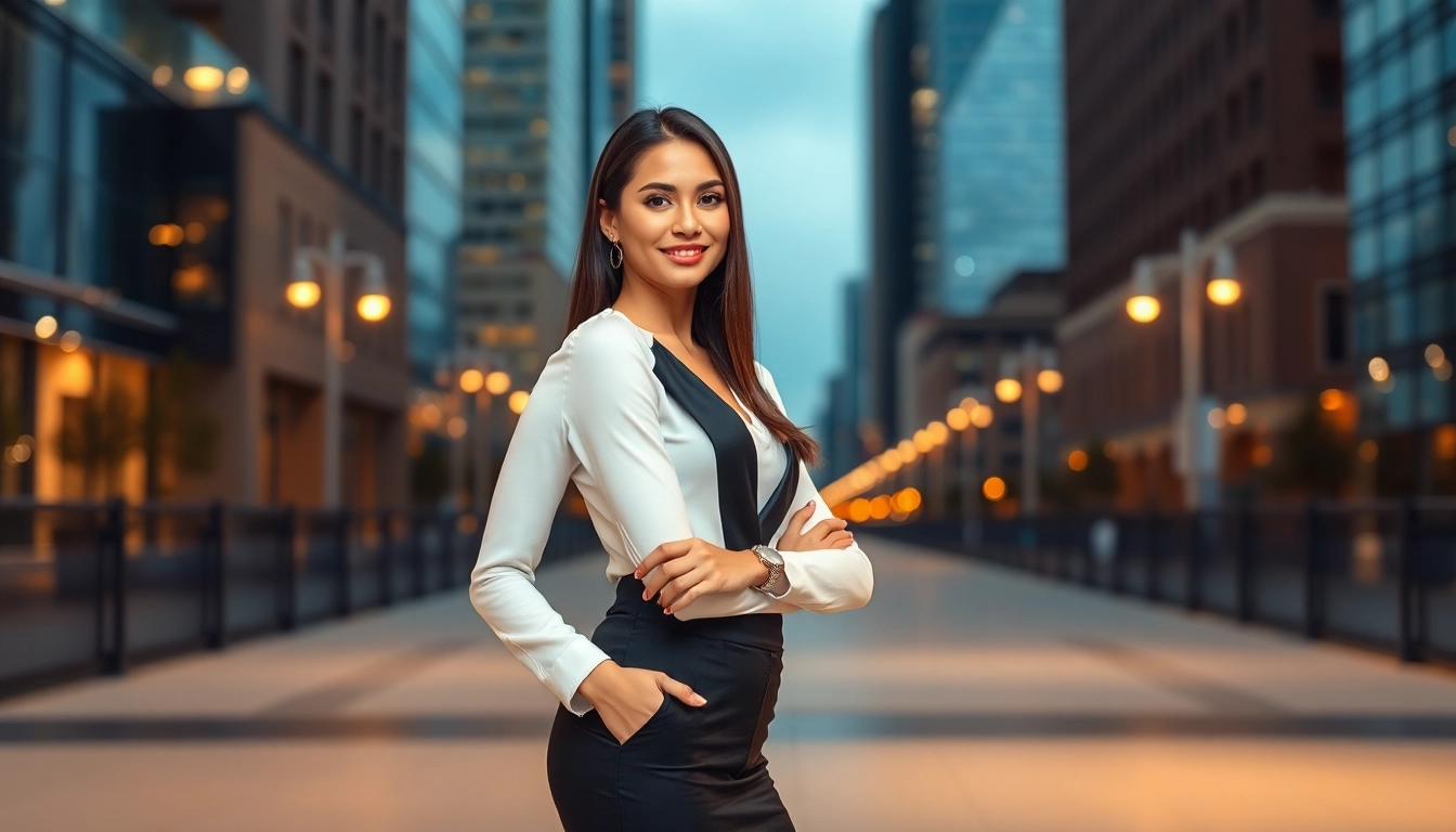 Professional escort confidently standing in city setting showcasing trust and allure