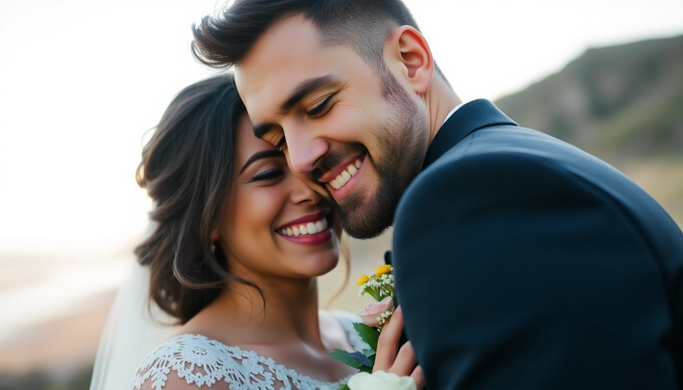 Professional eskuvo fotos takes natural wedding photos during outdoor ceremony with joyful couple