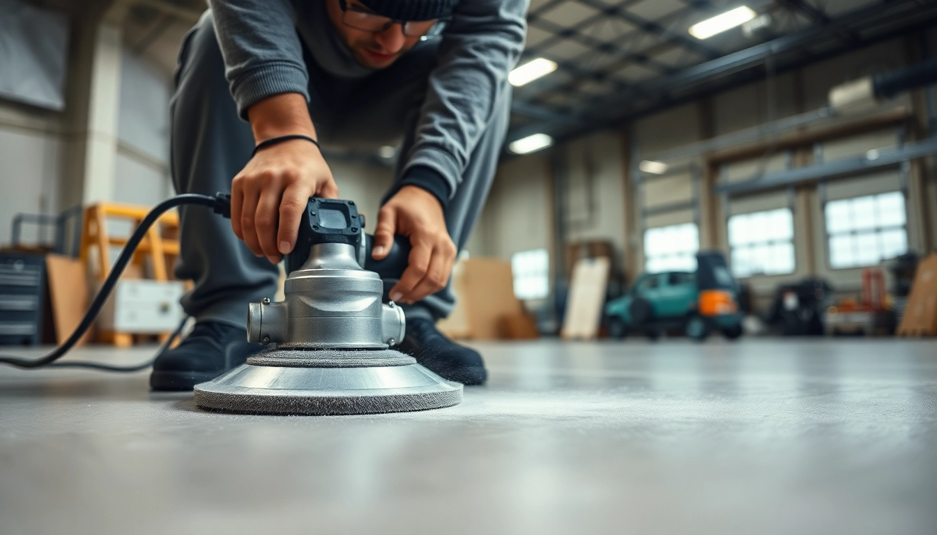 Experienced floor preparation Birmingham technicians grinding concrete for a smooth surface to